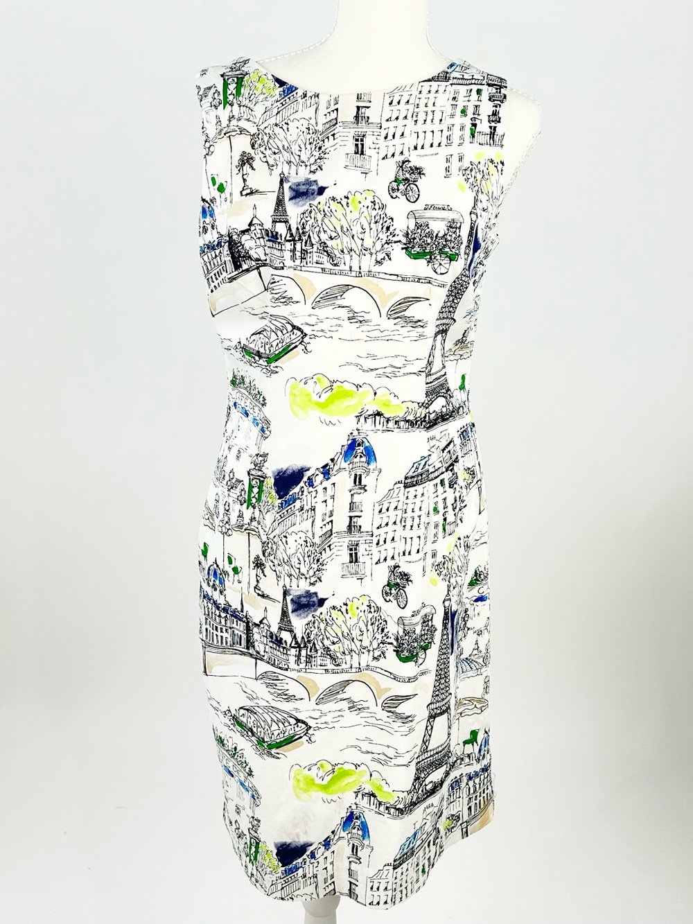 Leslie Fay Paris Toile Print Sheath Dress Size 8 Eiffel Tower Novelty Parisian